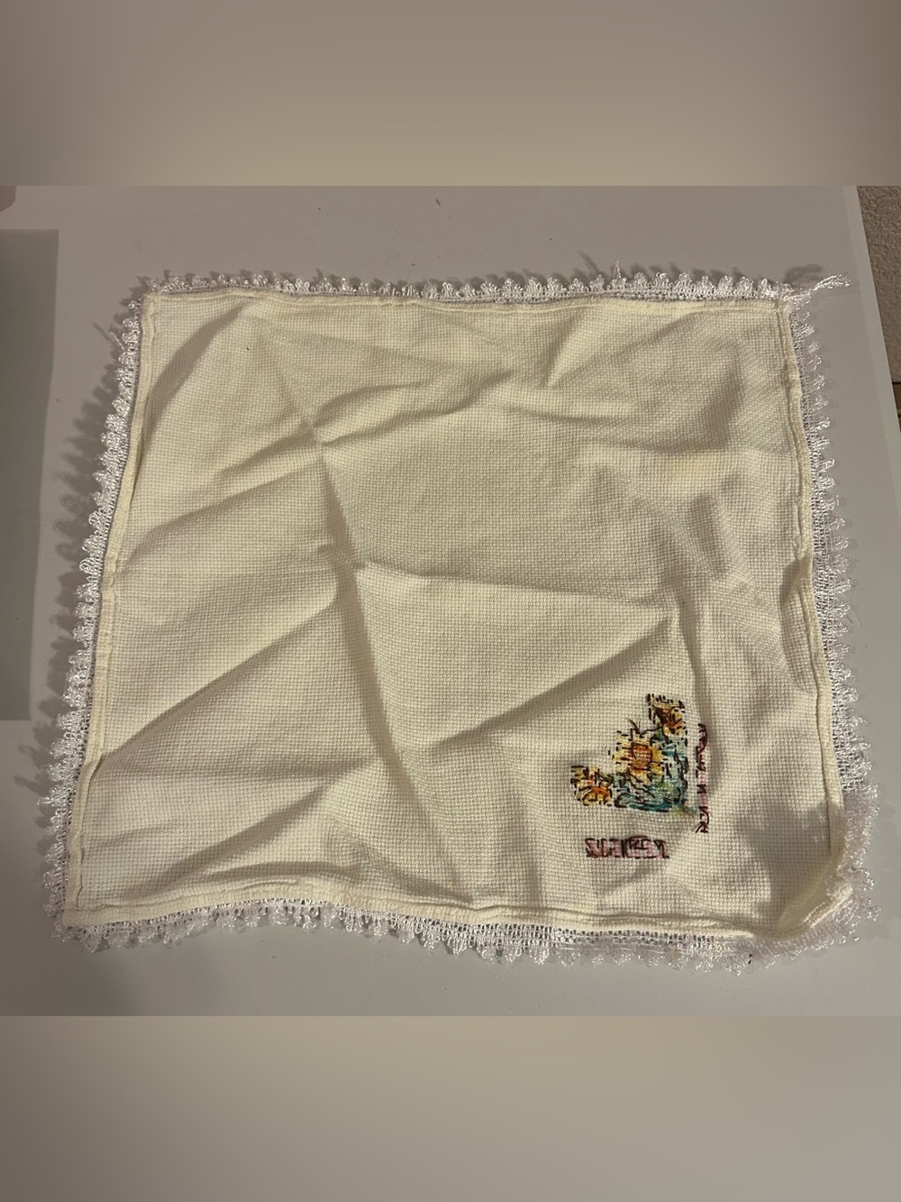 White Vintage White Cotton Tea Towel Embroidered Flowers Bands Morph